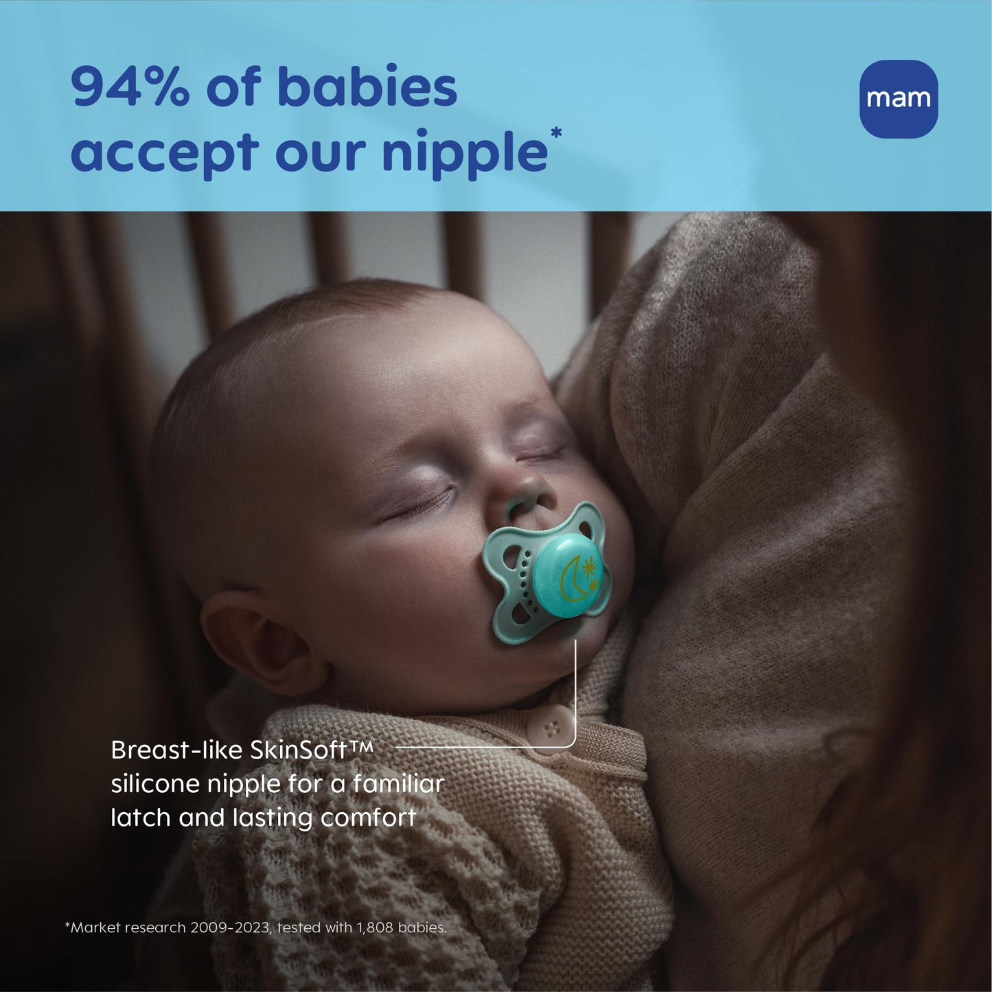 MAM Original Baby Pacifiers 0-6 Months, Binky for Newborn Babies, BPA-Free Skin Soft Silicone Nipple, Glows in The Dark, Developed with Medical Experts, 6 Count, Made in Europe