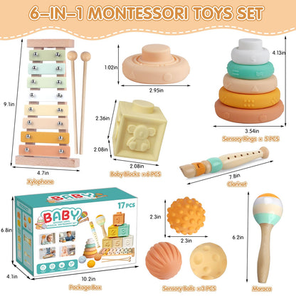 Wuzhineisn Baby Toys 6-12 Months Montessori Toys 6 in 1 Musical Instruments for Toddler, Stacking Blocks Development Learning Educational Toy with Wooden Xylophone Infant Baby Birthday Easter Gift