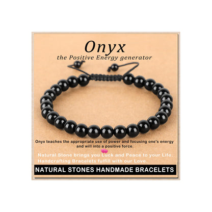 AD Beads 4mm Black Onyx Bracelet - Stone of Safety Protection - Handmade Natural Stone Crystal Bracelet with Adjustable Macrame String - Yoga Healing Power Energy Gifts for Men and Women