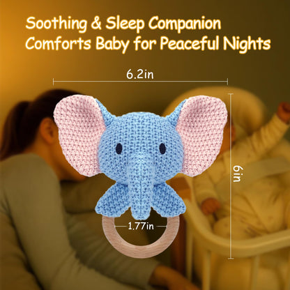 JUSTQUNSEEN Elephant Baby Rattle Teething Ring Hand Knitted CrochetCute Jungle Animal Sensory Toy for Baby Boys Girls 0-3 Months Plush Stuffed Texture Montessori Grasping Shaker Stroller Travel Gift