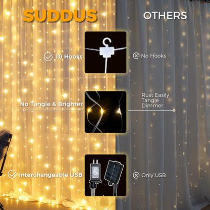 suddus Tangle-Free Curtain Lights,200 LED 6.5x6.5ft Hanging Lights with Hooks, Curtain Lights for Bedroom,Christmas, Dorm, Wall, Backdrop, Window, Wedding, Party, Birthday Decor, Warm White