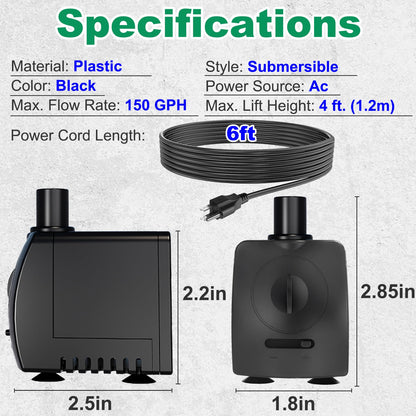 Knifel Submersible Pump 150GPH (550 L/H 9.5W) Ultra Quiet with Over Heating Protection 4ft High Lift for Fountains, Hydroponics, Ponds, Aquariums & More