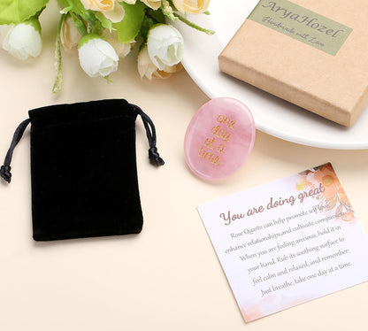 QINJIEJIE One Day at A Time Rose Quartz Worry Stone Healing Crystal Thumb Stones Thinking of You Gifts for Anxiety Relief Items You Got This Valentine's Day Gifts for My Love Gifts for Women