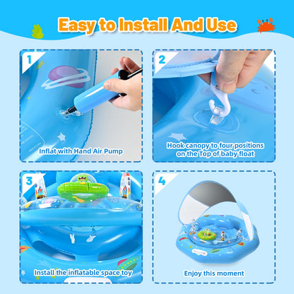 Baby Pool Float with Canopy, Inflatable Baby Swim Float with UPF50+ Sun Protection, Infant Pool Float with Toy Play Console,Safety Handles & Leashes,Adjustable Safety Seat For Toddler Aged 6-36 Months