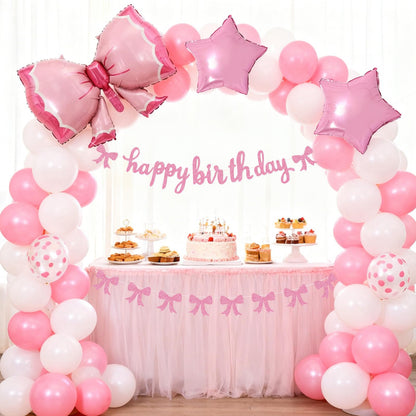 Phoaxul Cute Pink Bow Birthday Decorations for Girls, Glitter Happy Birthday Banner, Bow Balloons, Pink Party Decorations for Women, Baby Girl Shower, Princess Bday Party Supplies