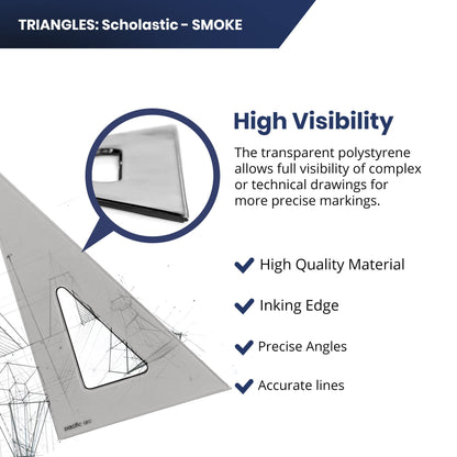 Pacific Arc's Scholastic Triangle - 6 inch - Smoke - 40/90 Angle - Polystyrene - Inking Edge - Technical Drawing Tools, Drafting, Architect and Engineering.
