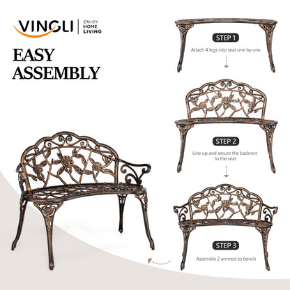 VINGLI 38.5" Patio Park Garden Outdoor Metal Rose Bench, 2-Person Cast Iron Cast Aluminium Frame Antique Finish Chair,Accented Lawn Front Porch Path Yard Decor Deck Furniture (Bronze, Rose)