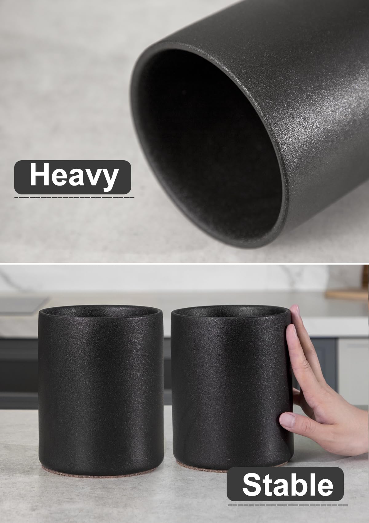 Nucookery Utensil Holder, 6.4" Ceramic Kitchen Utensil Holder with Countertop-Protection Cork Bottom, Farmhouse Kitchen Decor for Counter, Christmas Gift (Stone Black)