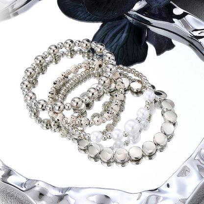 Mexegy Layered Silver Plated Pearl Beaded Stretch Bracelet for Women,Stacked Disc Coin Bead Elastic Bracelets Bohemian Party Holiday Jewelry Accessories Gift(Silver)
