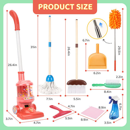 Meland Kids Cleaning Set - 8Pcs Toddler Broom and Toy Vacuum Cleaner, Pretend Play Children House Cleaning Toys, Christmas Birthday Gift for Girls and Boys