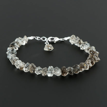 CRYSTALINES Natural Raw Black Herkimer Diamond Quartz Gemstone Bracelets, Rough Quartz Stones Dainty Handmade Boho Bracelet, Healing Crystals Silver Plated Jewelry, Christmas Gift