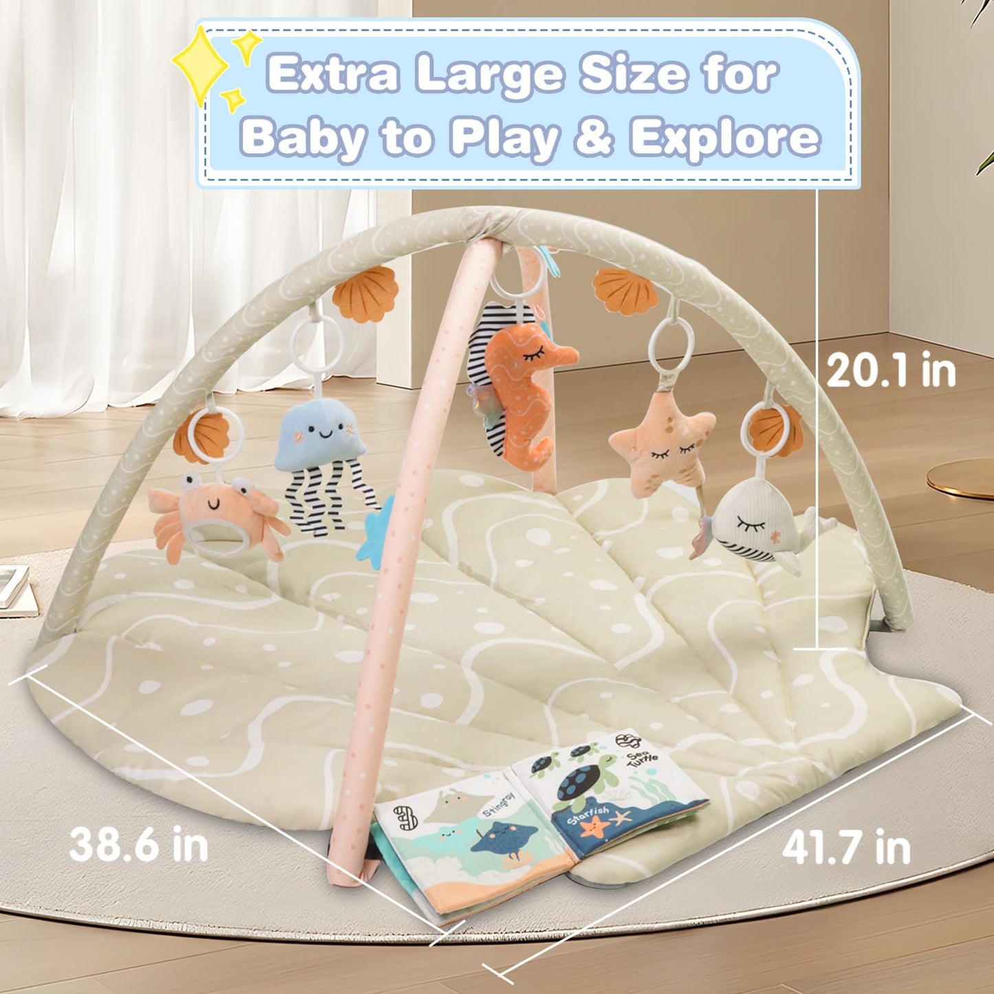Baby Play Mat, Oversize Shell Tummy Time Mat with 6 Detachable Baby Activity Toys, Baby Gyms & Playmats for Babies 0-6 Months, Baby Essentials Mat for Floor Newborn Baby Shower Gifts (Beige)