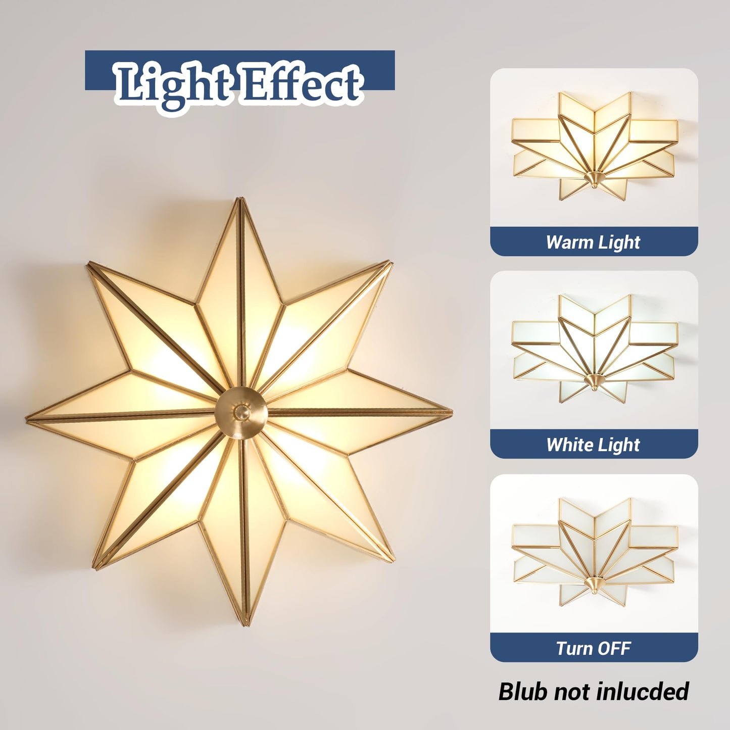 Aeyee Star Glass Ceiling Light with Ceramic Light Socket Brass Flush Mount Ceiling Light Fixture with Frosted Glass Shade Mid Century Moravian Star Light for Bedroom Foyer Living Room (19.7")