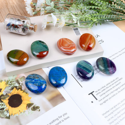 Hxswkk 2PCS Worry Stones for Anxiety Rainbow Fluorite Crystal Thumb Palm Stone Sets Handcarved Polished Oval Gemstone Chakra Decor Thoughtful Gifts