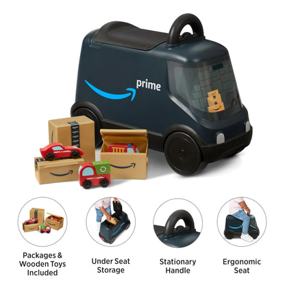 Radio Flyer Amazon Delivery Van, For Ages 2+, Ride and Deliver Truck for Kids, Under Seat Storage, Stationary Handle, Ergonomic Seat, Includes 3 Mini Amazon Boxes & 3 Wooden Toys, Toddler Ride On Toys