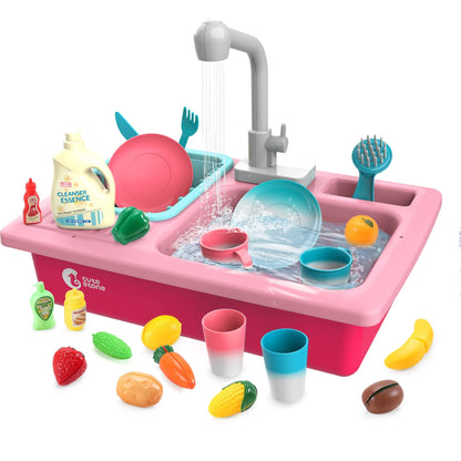 CUTE STONE Color Changing Play Kitchen Sink Toys, Children Electric Dishwasher Playing Toy with Running Water,Upgraded Real Faucet and Play Dishes,Pretend Role Play Toys for Kids Boys Girls