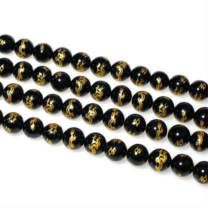 MJDCB Natural Stone Beads 8mm 43pcs Round Black Onyx Carved Dragon Loose Gemstone Bead Charms for Jewelry Making Bracelet Necklace Earring Pendant