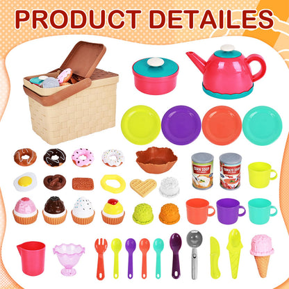 Picnic Basket Toys Play Tea Sets with Teapot Tea Cup Dessert Food,Ice Cream Playset, Pretend Play Kitchen Accessories Tea Party Set for Toddlers Kids Little Girl Boy Age 3-7 Years Old