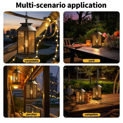 AYTPU 2 Pack Solar Lanterns Outdoor, Hanging Glass Solar Lights Waterproof, Dual Power Solar & 2*AA Battery, for Porch, Patio, Yard and Indoor Table or Mantel