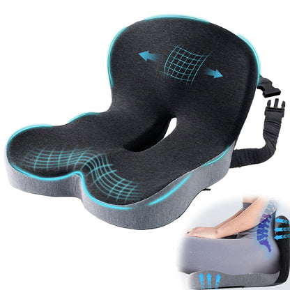 Ergonomic Seat Cushion with Adjustable Strap, Memory Foam Office Chair Seat Cushion with L-Shaped Design, Car Seat Cushion Fits for Truck Driver Semi Truck, Gaming Chair, Desk, Light&Dark Gray