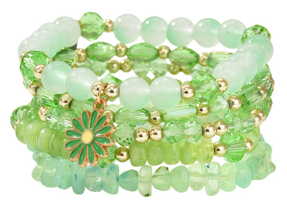 LOTSOF Boho Flower Beaded Bracelet Set for Women - Multilayer Crystal & Flower Charm Stackable Bracelets, Fashion Jewelry Gift for Her (Green)