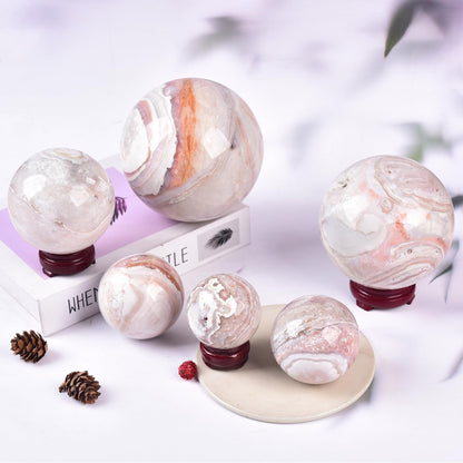 JIC Gem Natural Pink Agate Crystal Sphere with Wooden Stand,Decorative Crystal Ball Pink Gemstone Sphere for Meditation,Feng Shui,Witch-Style Decor,Table 70-80mm