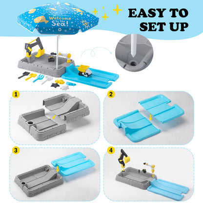 VROGTIK Kids Excavator Sandbox with Umbrella & Cover, Construction Sandbox Set with Beach Toys & Dump Truck, Outdoor Educational Play Set for Toddlers Ages 3-12