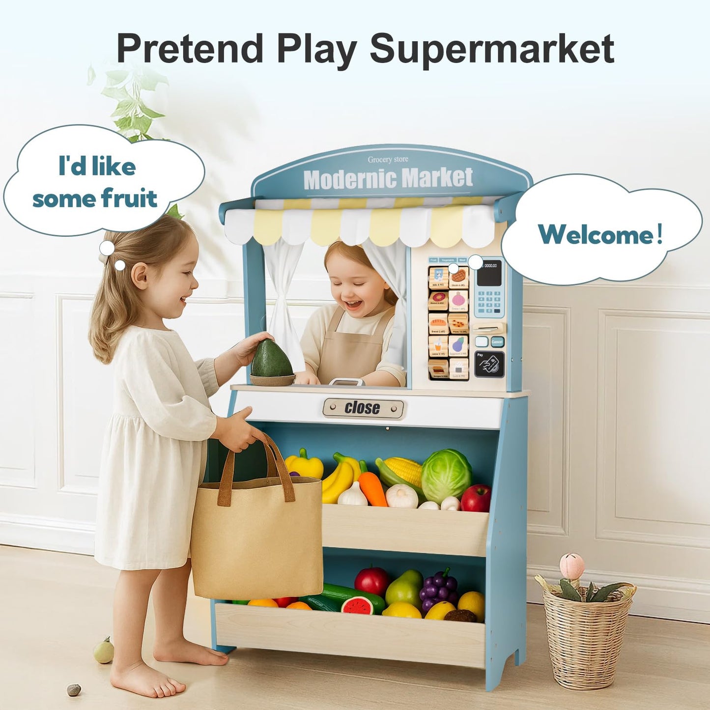 DREAM BUILDING Kids Grocery Store Pretend Play, Puppet Theater&Grocery Store Playset Toy Double-Sided, Toddler Supermarket Toy Cash Register w/Blackboard, Display Shelves, Gift for Boys Girls, Blue