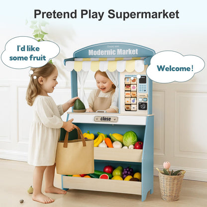 DREAM BUILDING Kids Grocery Store Pretend Play, Puppet Theater&Grocery Store Playset Toy Double-Sided, Toddler Supermarket Toy Cash Register w/Blackboard, Display Shelves, Gift for Boys Girls, Blue