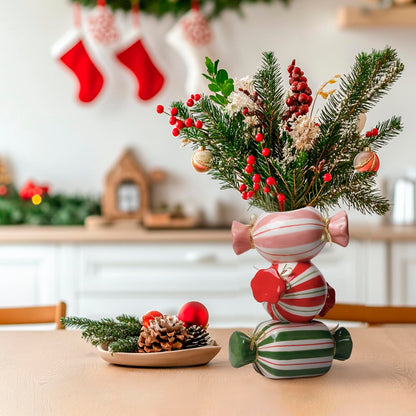 DIF DECO Unique Ceramic Vase,Candy Shape Aesthetic Vase Cute Christmas Decorative Flower Vase 9.88 Inch Modern Funny Vase for Home/Holiday/Weddings/Party Table Flower Decor