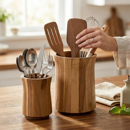 KongTiva 2 Pcs Wooden Utensil Holder for Kitchen Counter, 360° Rotating Kitchen Utensil Holder 7.3" & 6" Large Cooking Utensil Crocks for Countertop Spatula Storage Farmhouse Kitchen Decor