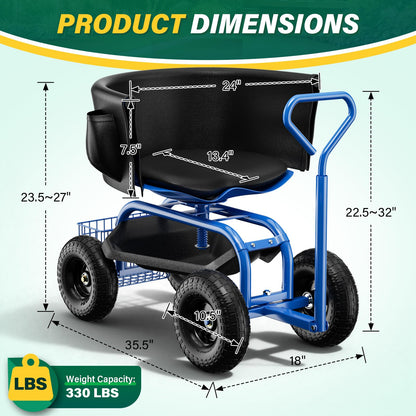 Baotree Garden Seat with Wheels, Rolling Garden Stool with Adjustable 360°Swivel Seat, Storage Basket & Extendable Handle, Outdoor Gardening Scooter, Garden Cart Workseat Stools for Seniors