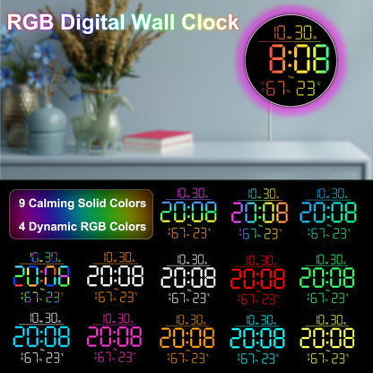 QINFIEY 10 Inch LED Wall Clock with RGB Ambient Light, Auto-Dimming, RGB Color/Time/Date/Temp/Humidity Display, Dual Alarms & Timer, Adjustment Brightness,Digital Round Clock for Bedroom Classroom