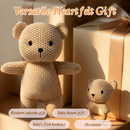 10" Crochet Bear Stuffed Animal with Rattle, Pure Cotton Soft Crochet Doll Plush Toy for Newborn, Handmade Baby Shower Gift & First Birthday Gift