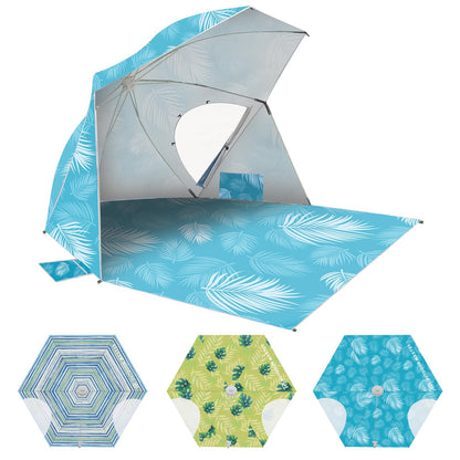 OutdoorMaster Pop Up Beach Umbrella, Portable Tent Shelter, Beach Shade Sun Canopy with UPF 50+ UV Protection, Extendable Floor with Carrying Bag - Blue Feathers