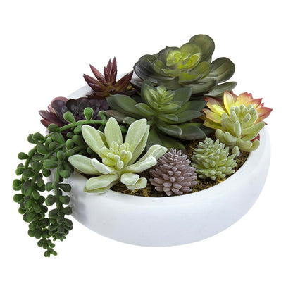 MyGift 8 Inch Round Modern Artificial Succulent Arrangement Potted in White Concrete Plant Bowl, Assorted Faux Mini Succulents in a Decorative Planter Pot