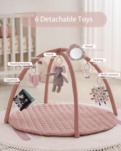 Blissful Diary Baby Play Gym Mat, Tummy Time Activity Mat with 6 Detachable Toys for Skill Development, Baby Essentials Gift, Soft Pink