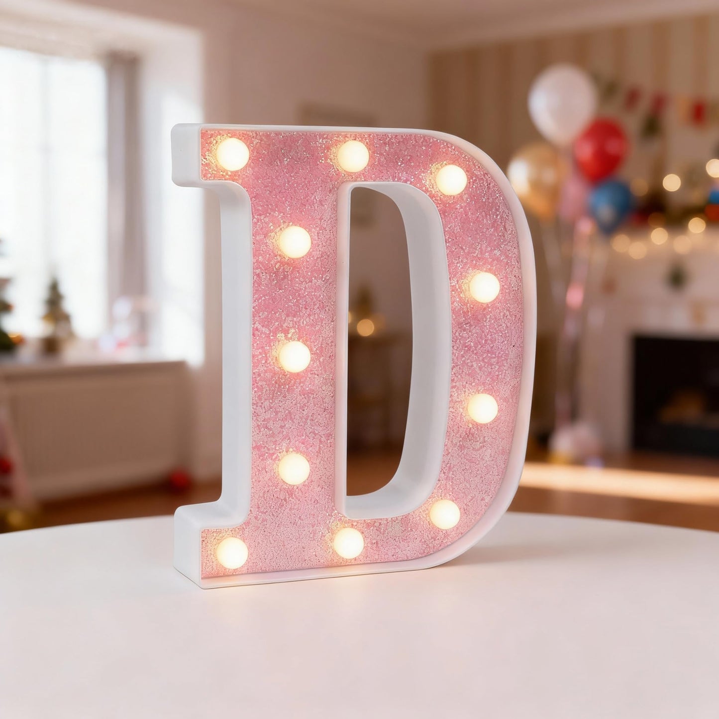 Light Up Pink LED Letters Glitter Alphabet Letter Sign Lights， Battery Powered for Night Birthday Party Wedding Girls Gifts Home Bar Christmas Decoration, Pink Letter D