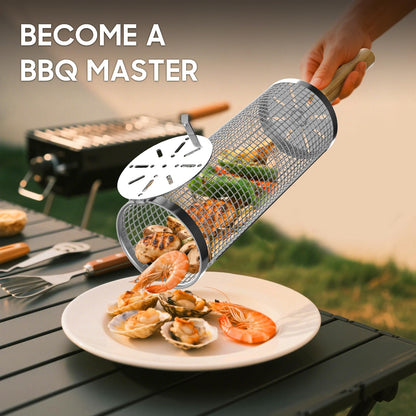 Rolling Grill Basket, Removable Wooden Handle, 304 Stainless Steel, Nesting Grilling Net, BBQ Accessories Tool for Vegetable Shrimp, Outdoor Cooking Camping, Christmas Birthday Gifts for Men Dad Husband