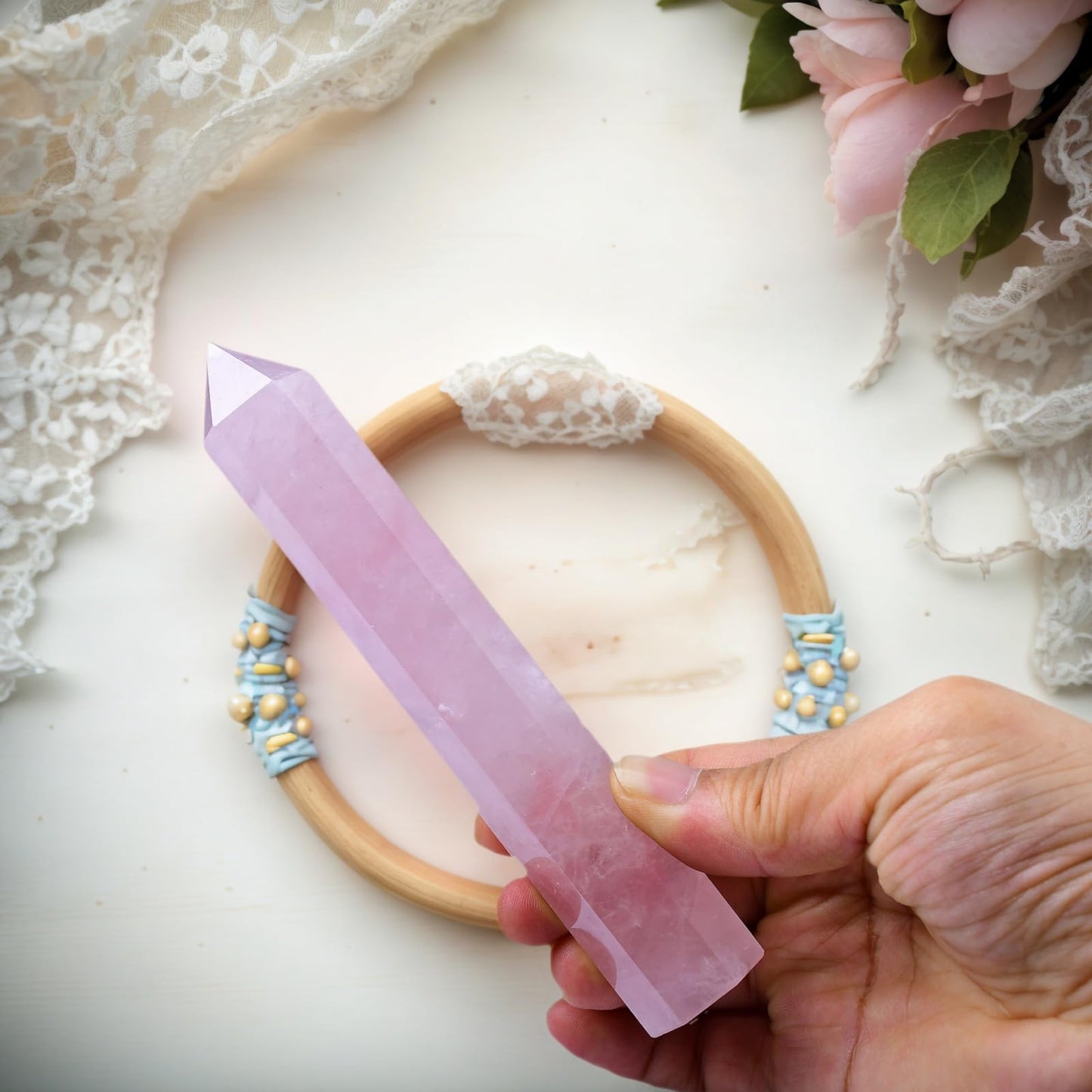 RUIJINGYUAN Rose Quartz Crystal Tower 6-6.3" - 6 Faceted Single Point Crystal Wand for Chakra, Reiki, Meditation & Energy Healing Home Decor Gift