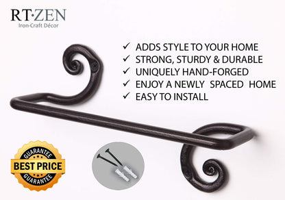RTZEN Matte Black Hand Towel Holder for Bathroom - Handcrafted Farmhouse Wrought Iron Metal Kitchen Bar - Small Hand Towel Bar Hanger for Home or Office - Wall Mounted Rack Fits 10" Towels