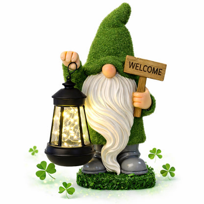 halp·ssfm St Patrick’s Day Green Garden Gnome Statue with Solar Lantern Welcome Sign Outdoor Decor for Porch Lawn Patio Yard Holiday Decorations Housewarming Gifts for Women