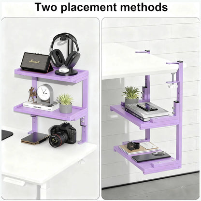OUTIOE 2-Tier Desk Shelf, Expandable Under Desk Storage, Clamp on Desk Shelf, Desktop Accessories for Offices, Study Rooms, and Game Rooms (Purple)
