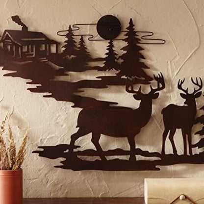 Rivuz Metal Wall Art by Prime Goods. Aesthetic Room Decor. Rustic Retreat. Black Metal Wall Decor with Woodland Cabin & Deer. Great Art for Living Room, Bedroom, or Outdoor Space