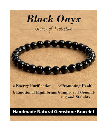 Landorilo Beaded Bracelet for Men Women, 6mm Natural Stone Black Onyx Healing Crystal Stretch Bracelets, Ideal Christmas Birthday Jewelry Gifts with Energy Card，Replacement Beads Included