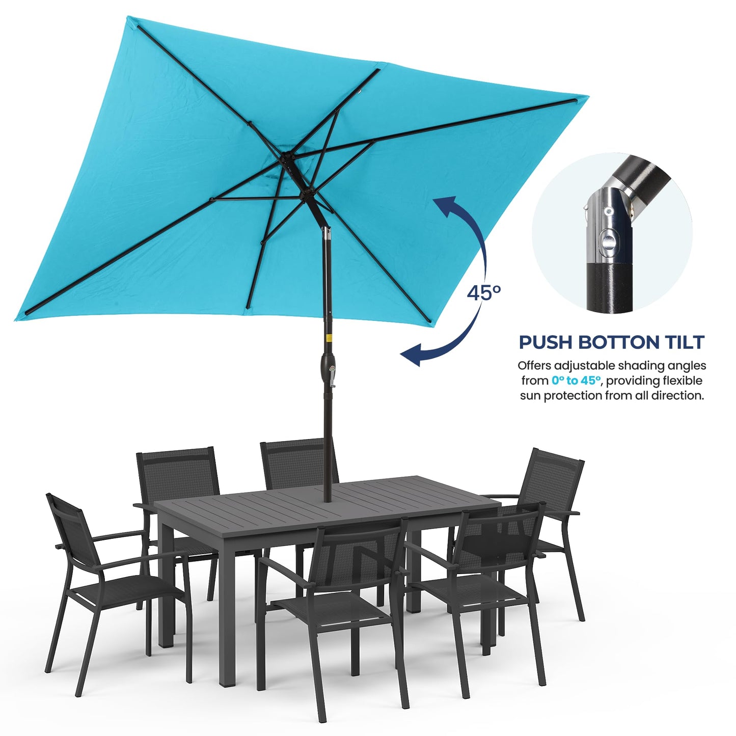 SUNVIVI OUTDOOR 6.5 x 10 Ft Rectangular Patio Umbrella Metal Pole, Outdoor Table Market Umbrella with Crank, 6 Steel Ribs, Polyester Canopy, Turquoise