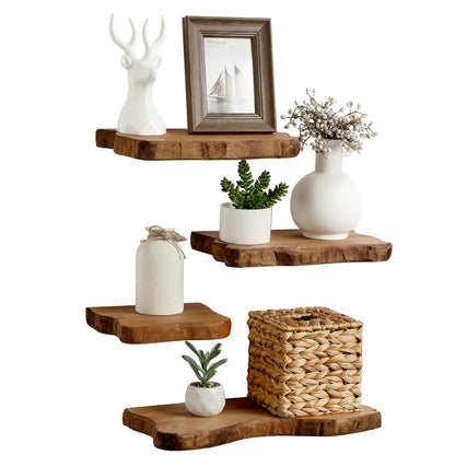 Pinkunn 4 Pcs Floating Shelves for Wall Wooden Live Edge Shelf Wall-Mounted Natural Solid Wood Bedroom Kitchen Storage Living Room Nursery Decor (15.8/11.8/7.9 Inch)