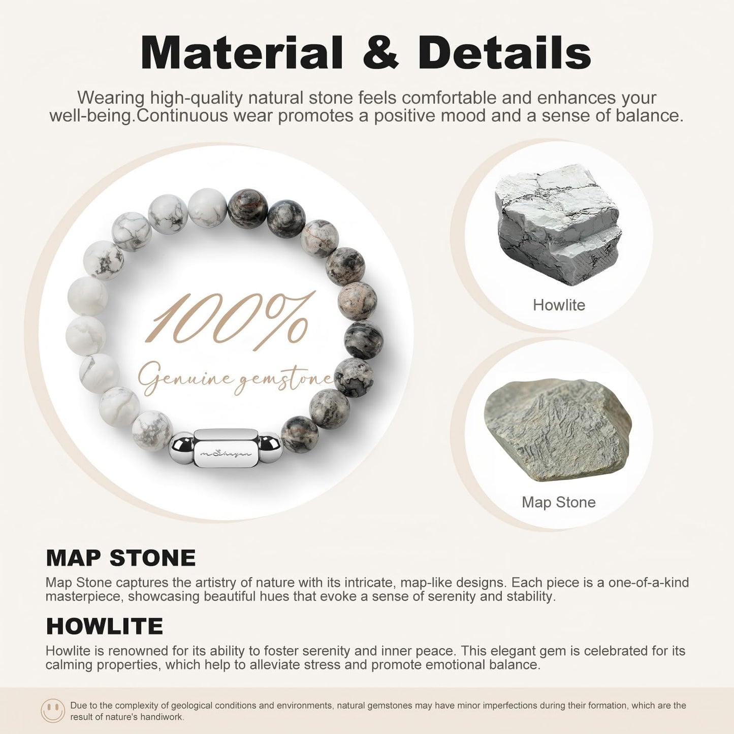 M SHUYUN Howlite Natural Gemstone Bracelet for Men and Map Gemstone for Teens Gifts, 10MM Men's Elastic Adjustable Beaded Bracelets for Men, Handcrafted Gifts For Anniversary,Christmas.