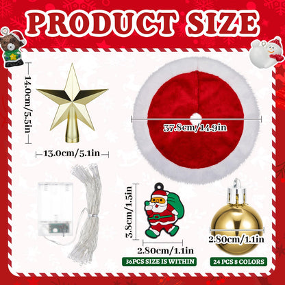 Syhood 63 Pcs Mini Christmas Tree Ornaments Set Decoration Gadget Small Skirt Star Topper Miniature Hanging Ornament with Light for Holiday Xmas