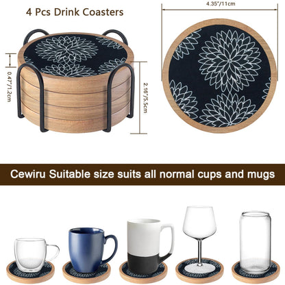 Wood Coasters Set of 4 with Holder, Cewiru Cup Mat for Drinks, Absorbent Coasters with Felt Insert for Coffee Table Protection, Modern Style Home Dining Table Decor, 4.3" Black